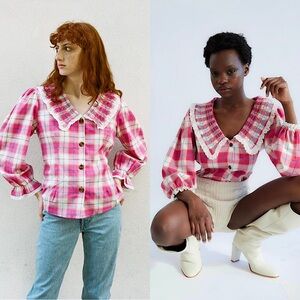 TACH Plaid Lace Trim Embroidered Smocked Peter Pan Collar Ruffle Cuff Top XS